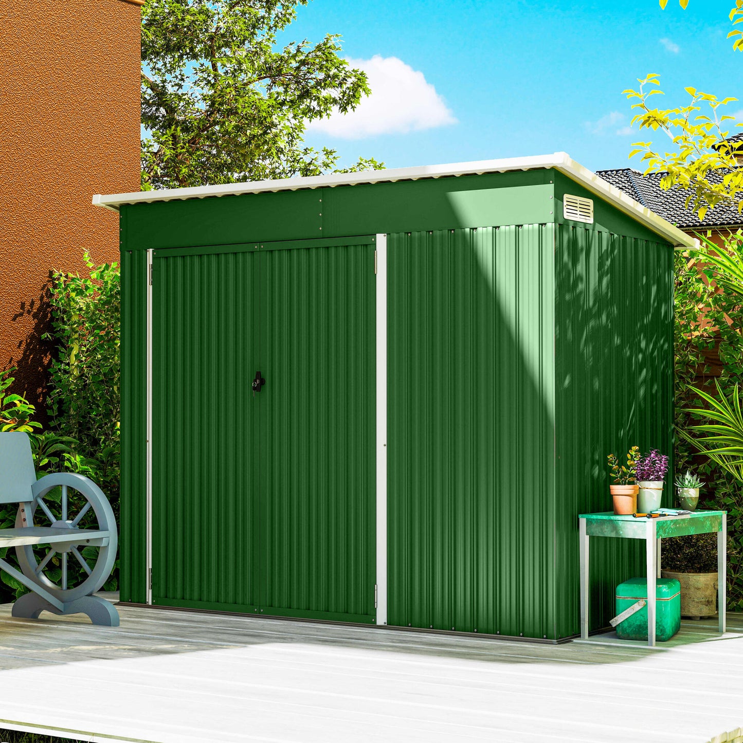 Outsunny Caseta De Jardín Exterior 2,7 M² 234x132x185 Cm Triple Puerta Verde_4