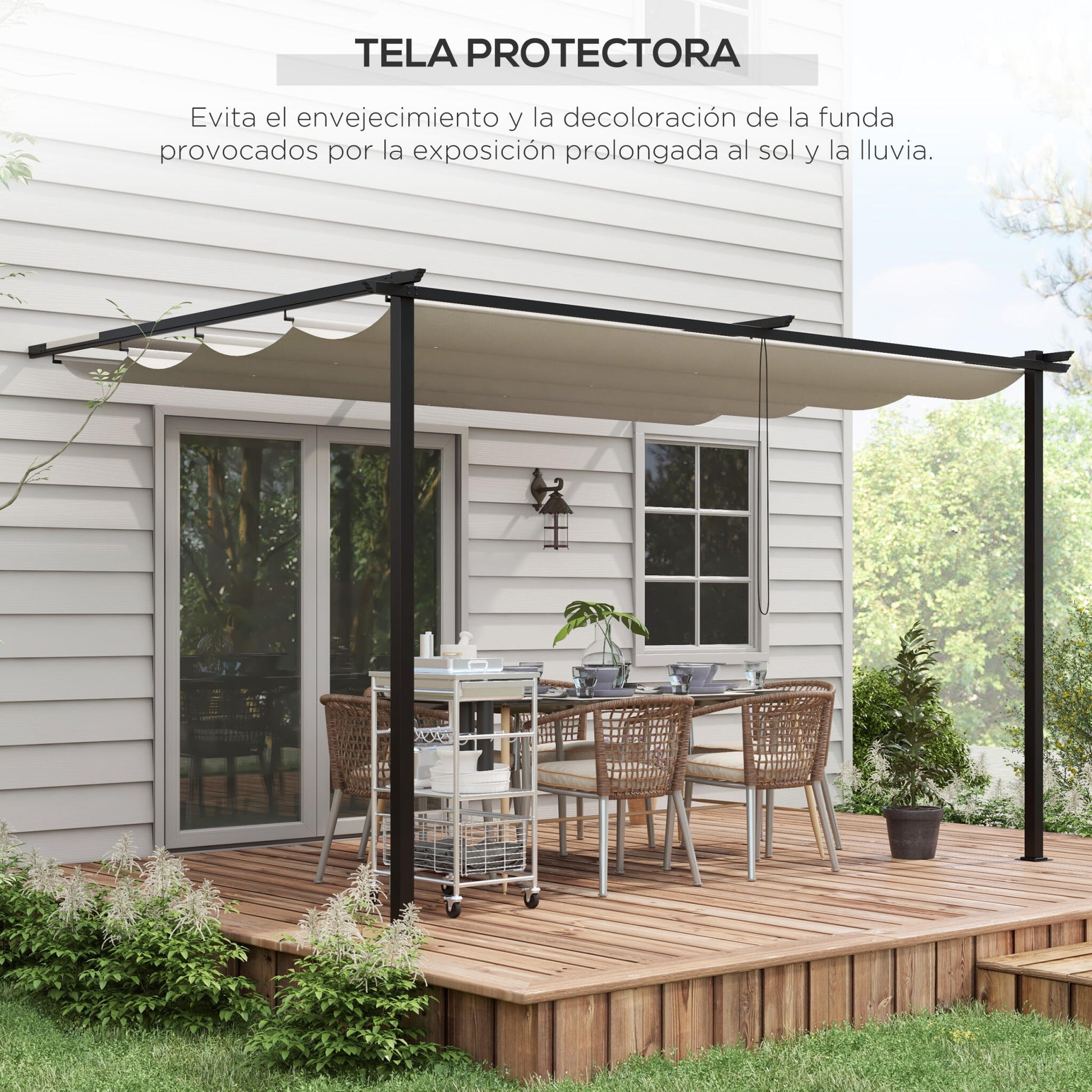 Outsunny Pérgola De Pared De Jardín 4x3 M Con Techo Retráctil Tela Poliéster_4