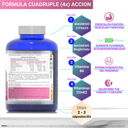 Magnesio Plus Citrato 1577mg + Bisglicinato Nutricel 600mg 180 cápsulas