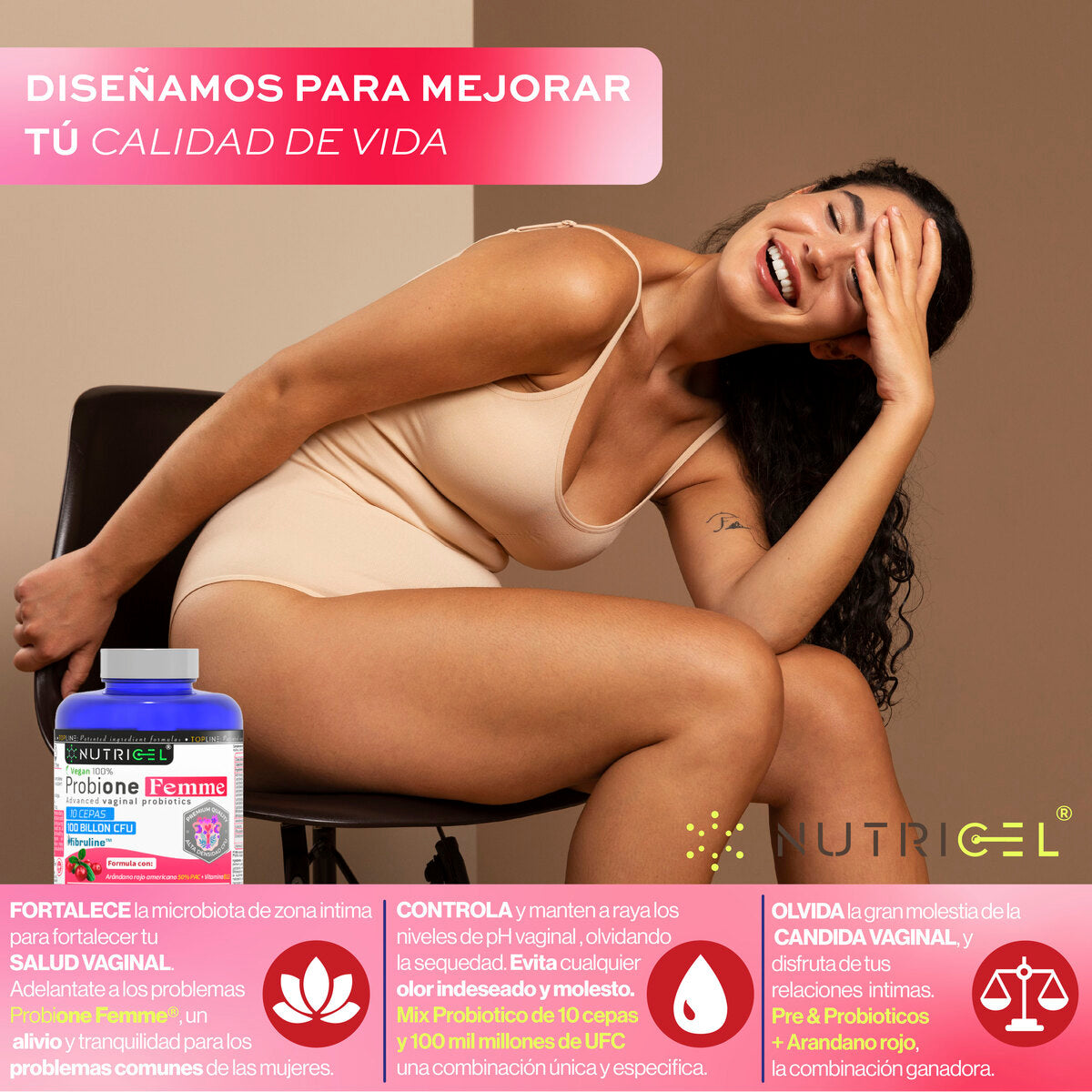 Probione Femme Probióticos Flora Íntima 100 mil M UFC Nutricel 60 cápsulas