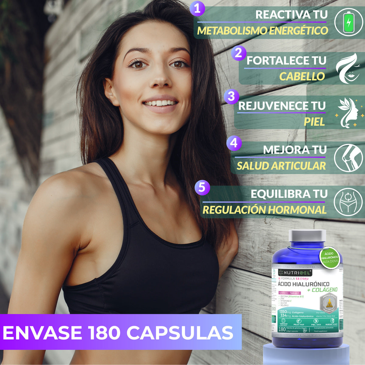 Ácido hialurónico con colágeno hidrolizado y biotina Nutricel 180 cápsulas