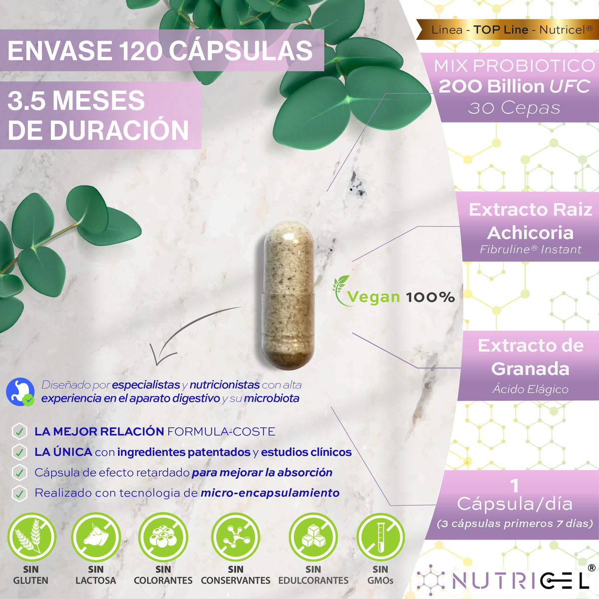 Probione Balance Probióticos y Prebióticos 200 mil M UFC Nutricel 120 cápsulas