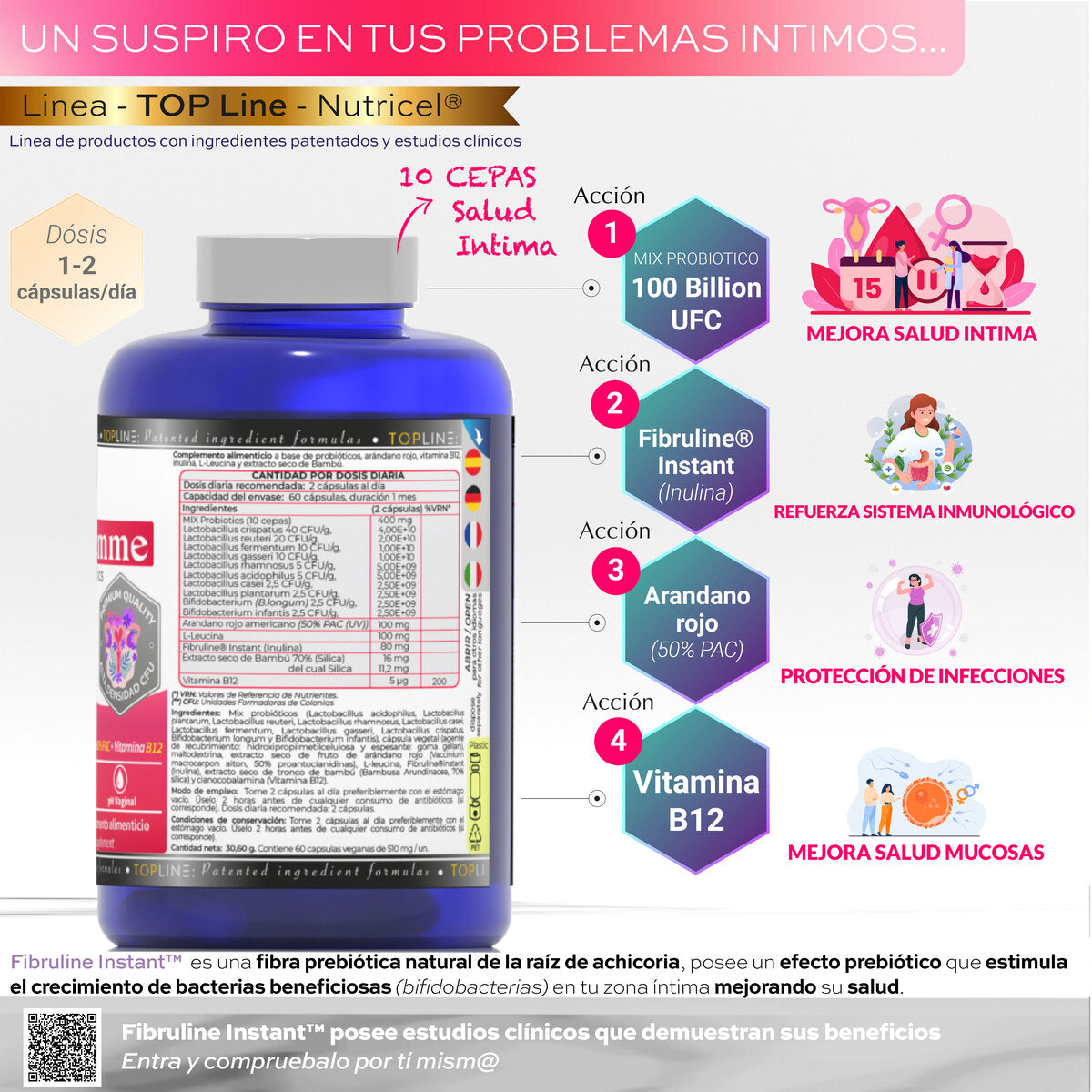 Probione Femme Probióticos Flora Íntima 100 mil M UFC Nutricel 60 cápsulas