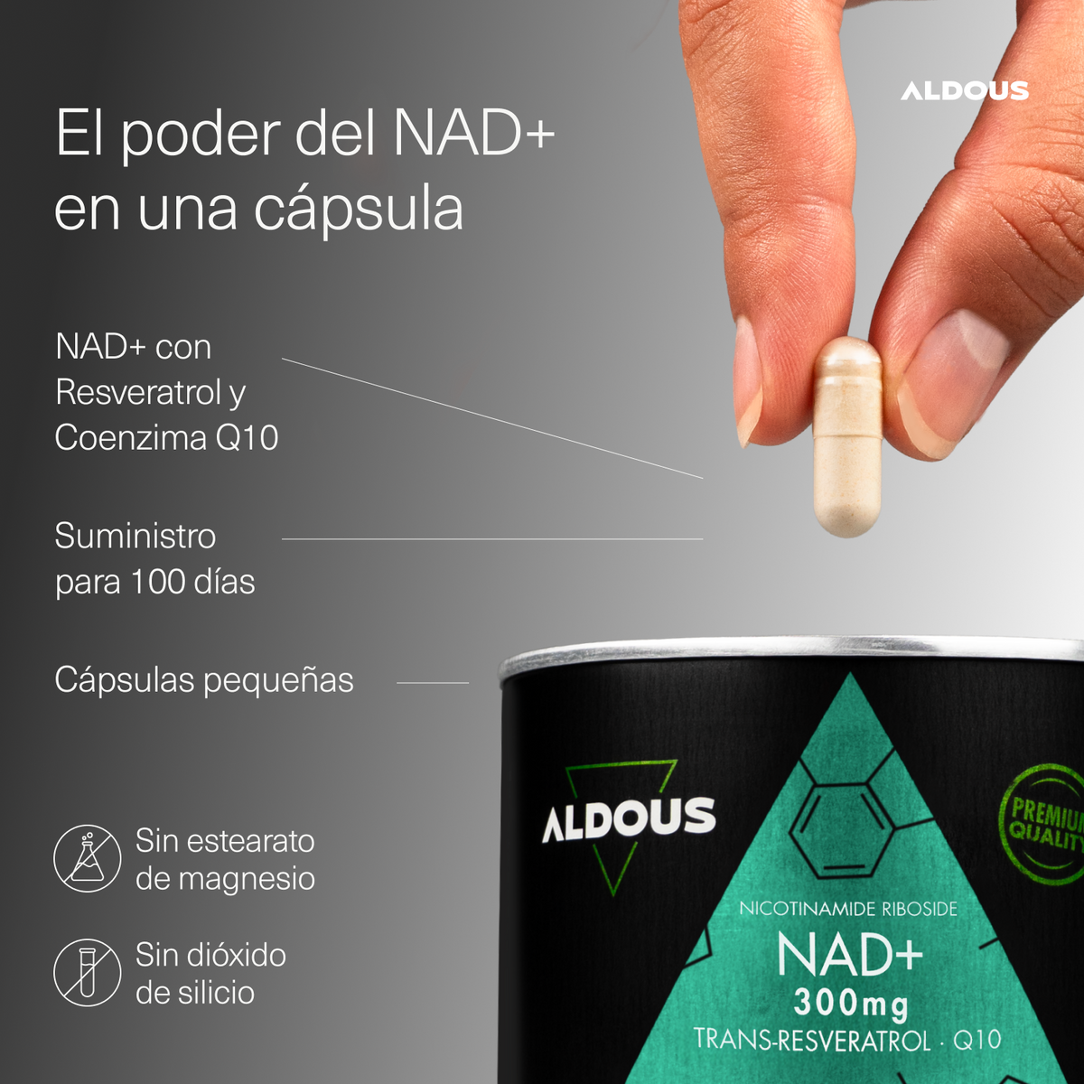 NAD+ 100% con Niacinamida, Resveratrol y Q10 100 Cápsulas Aldous Bio