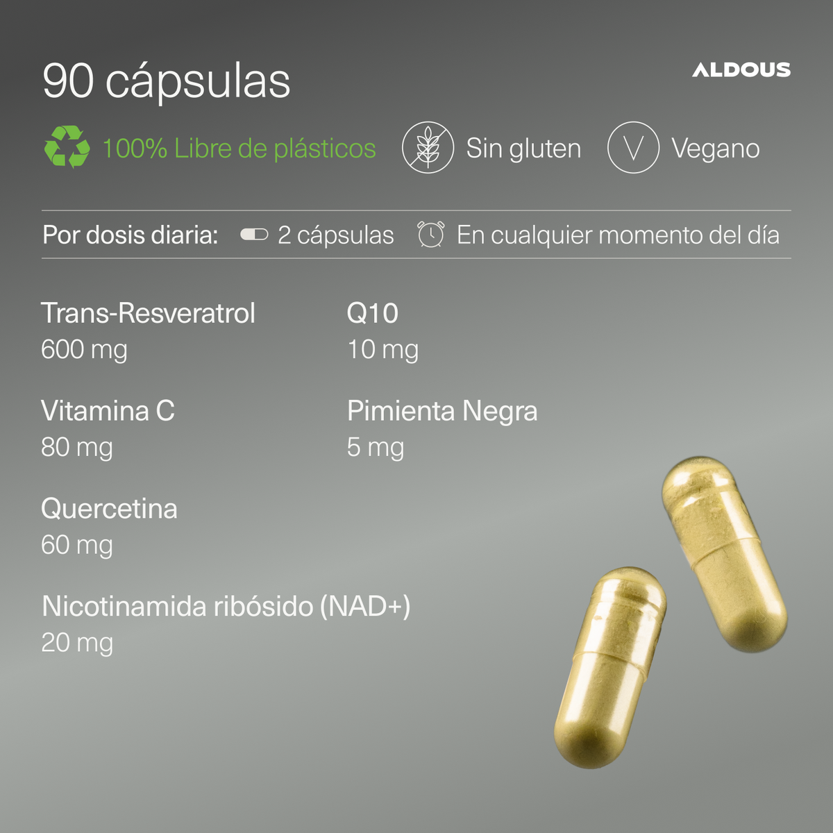Resveratrol 600 mg con Vitamina C, Q10, Quercetina y NAD+ 90 Cápsulas Aldous Bio