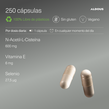 NAC N-Acetil-Cisteína con Vitamina E y Selenio 250 Cápsulas Aldous Bio