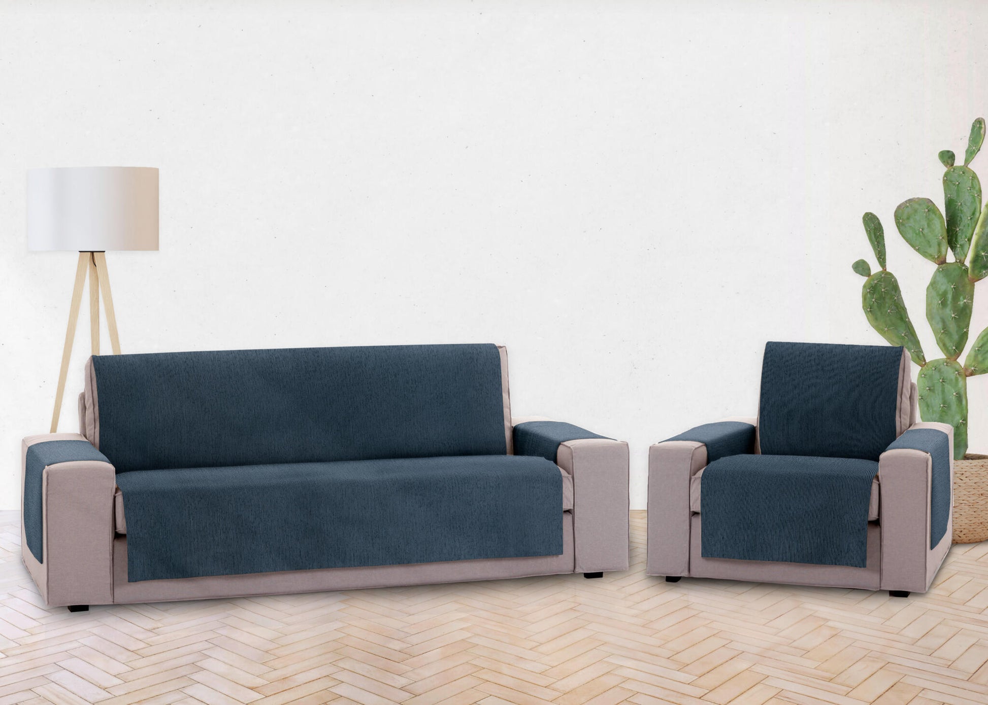 Pack 1 Plaza Y 4 Plazas Protector Funda Sofa. Cubresofa. Chenilla Lisa. Diseño Elite. Color Azul_2