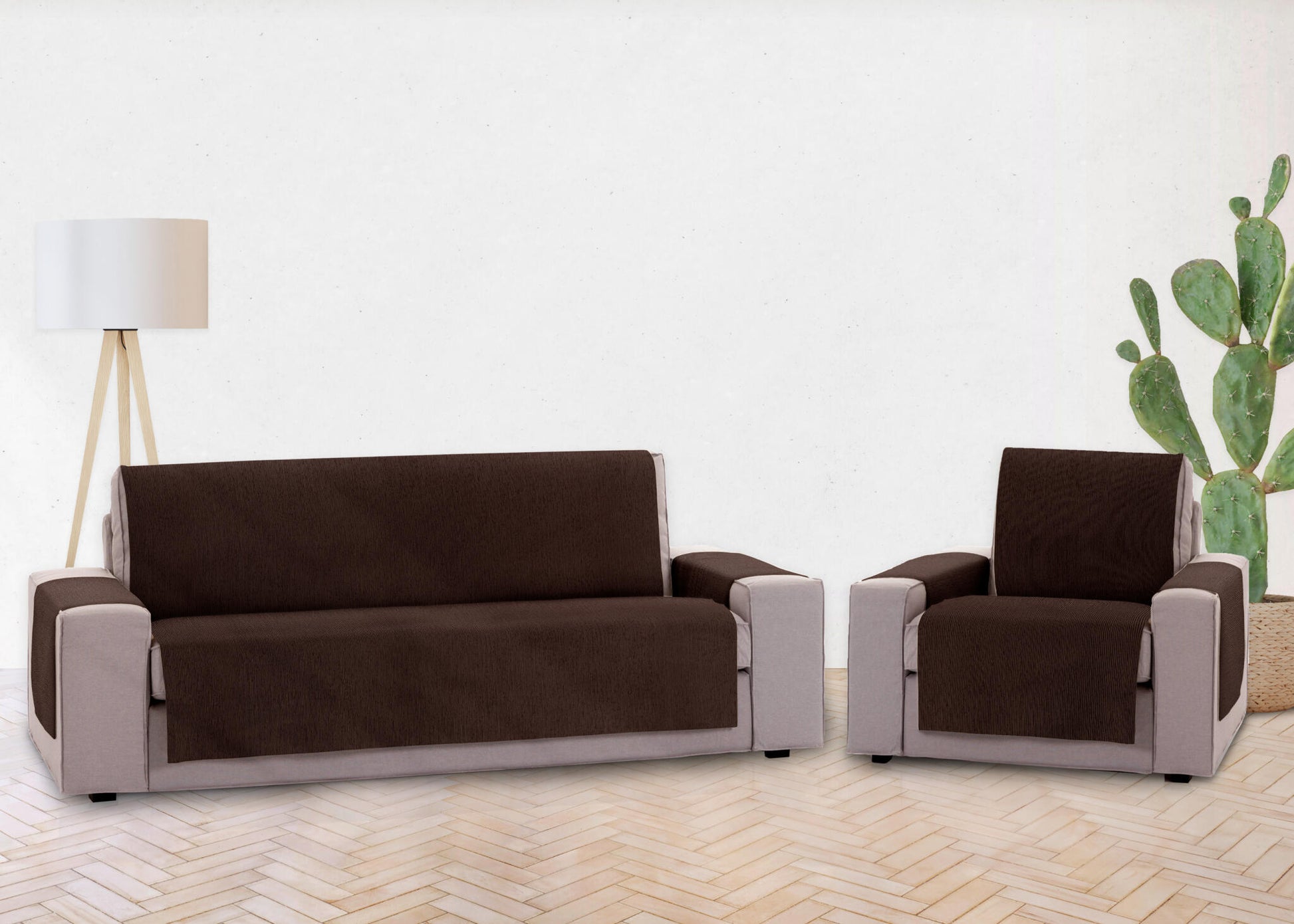 Pack 2 Plazas Y 3 Plazas Protector Funda Sofa. Cubresofa. Chenilla Lisa. Diseño Elite. Color Marrón_2