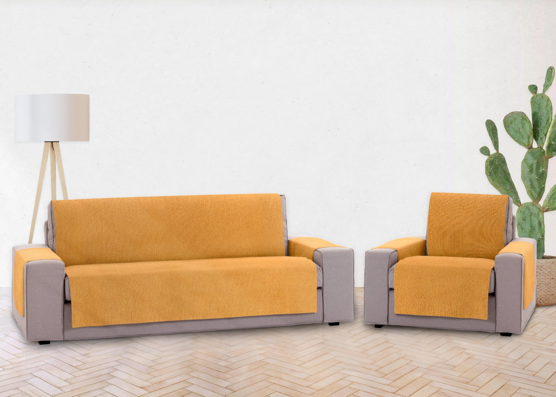 Pack 2 Plazas Y 3 Plazas Protector Funda Sofa. Cubresofa. Chenilla Lisa. Diseño Elite. Color Ocre_2