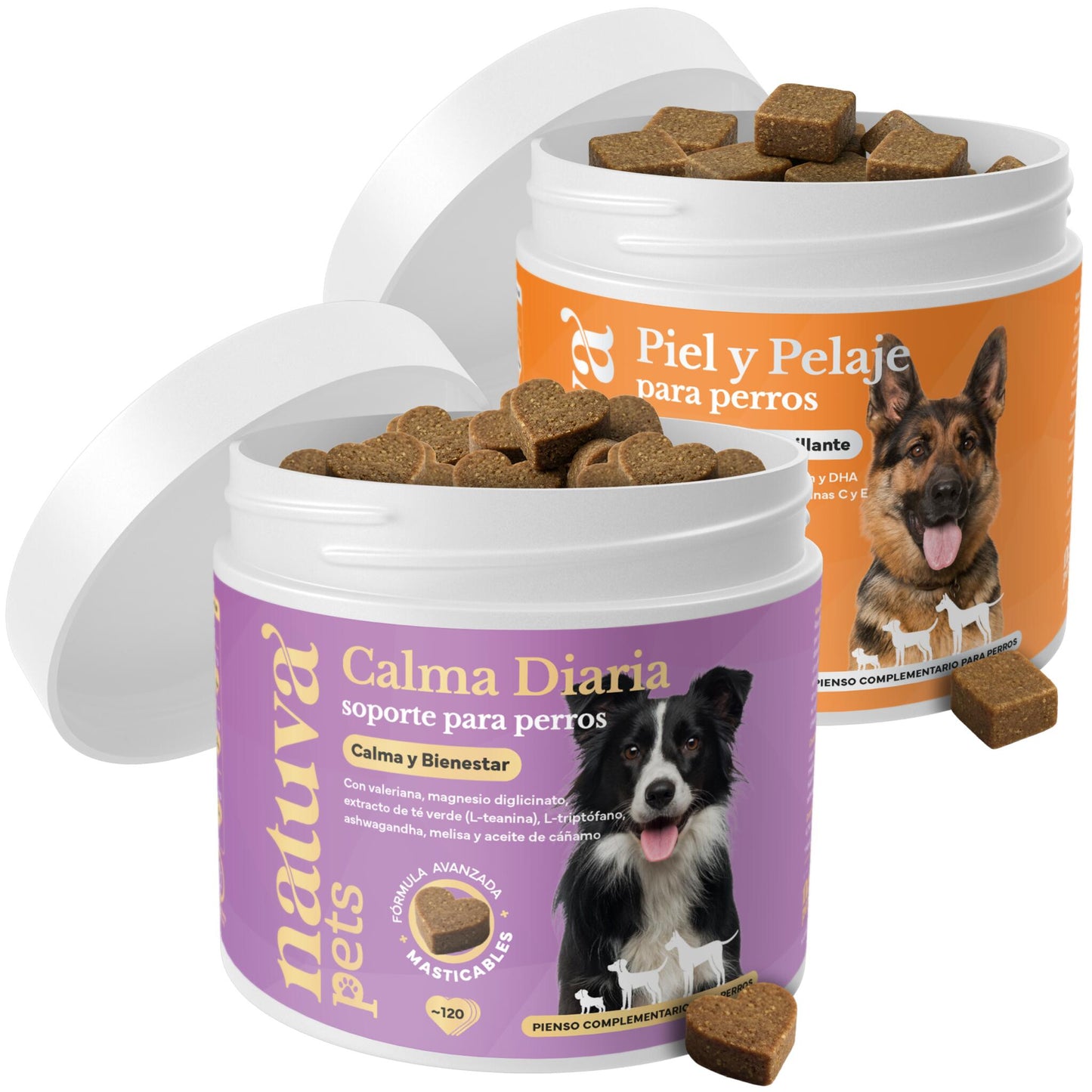 Pack Calmante + Aceite De Salmón Para Perros. Calma, Piel Y Pelo. Suplementos Mascotas. 240 Masticables. Natuva Pets_0