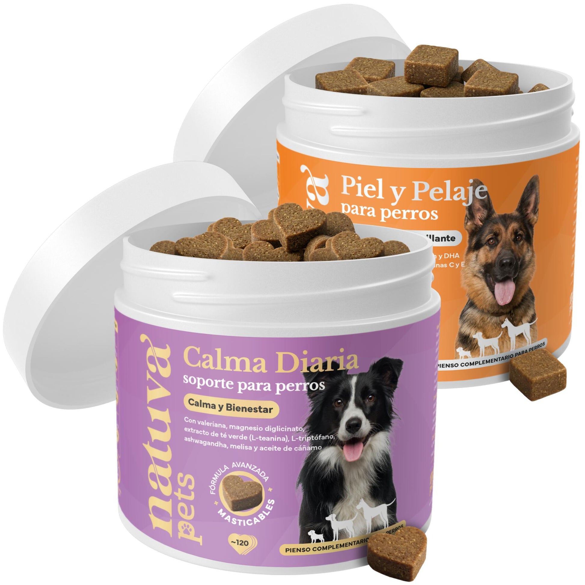 Pack Calmante + Aceite De Salmón Para Perros. Calma, Piel Y Pelo. Suplementos Mascotas. 240 Masticables. Natuva Pets_0
