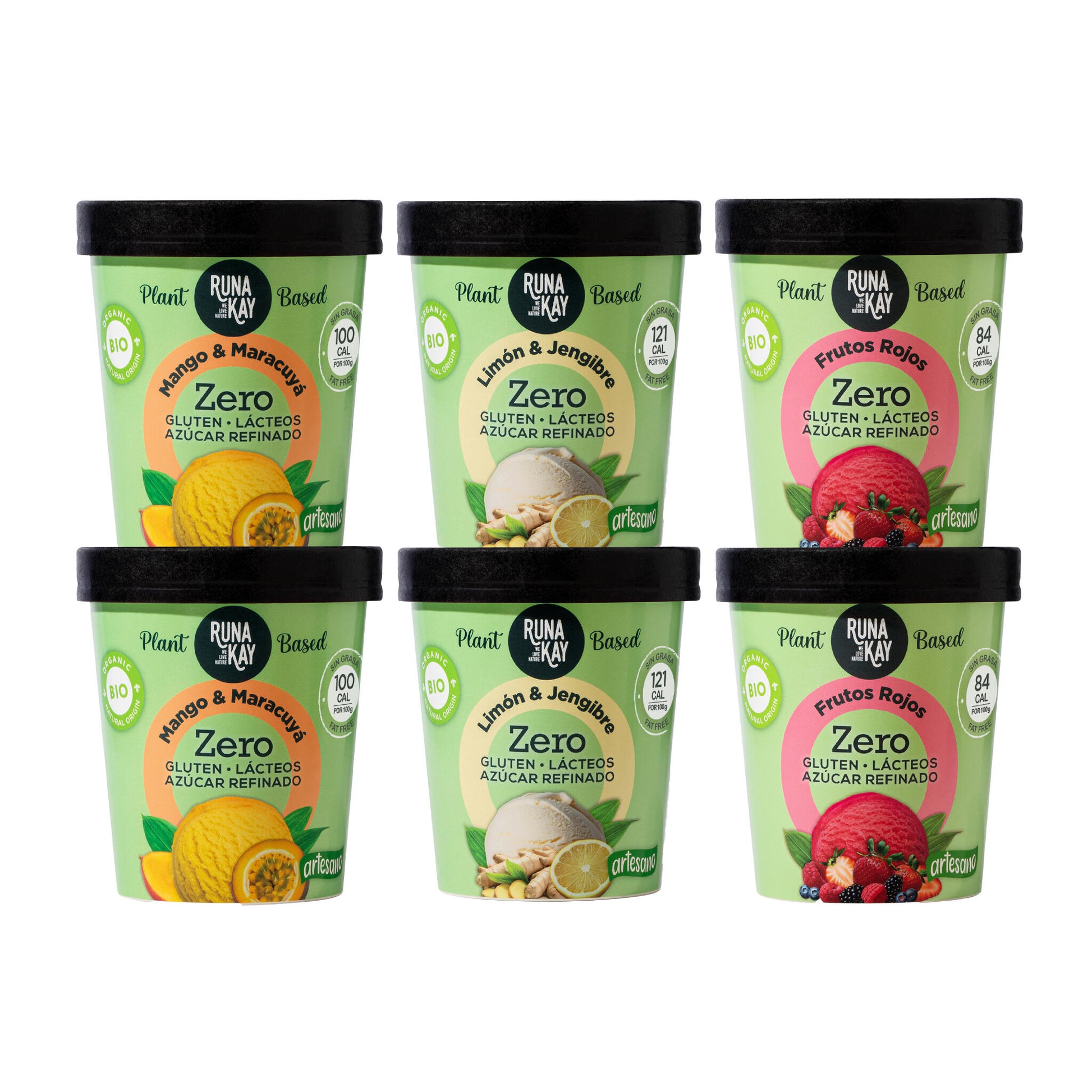 Pack Mix Helado Artesano Eco Sin Gluten Ni Azúcar Refinado Mango&maracuyá Limón&jengibre Frutos Rojos Runakay 6x460ml_0