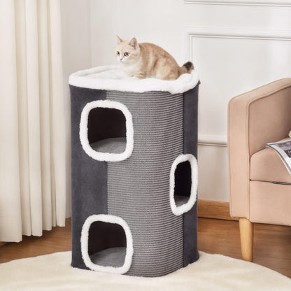 Pawhut Barril Rascador Para Gatos De 2 Niveles Con Cuevas De Sisal Felpa Suave Y Plataforma De Vellón 40x40x49 Cm Gris_1