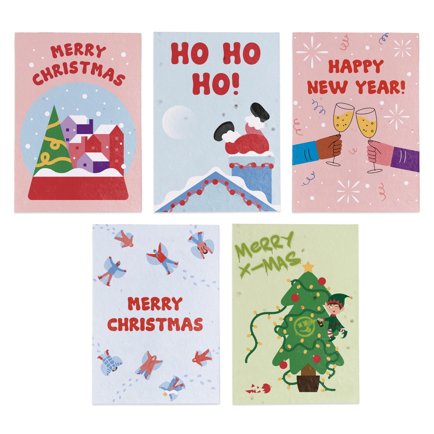 Postales Plantables Navidad Pack 5 Diseños – Snow Globe, Ho Ho Ho, Happy New Year, Snow Angels Y Elf - Resetea_0