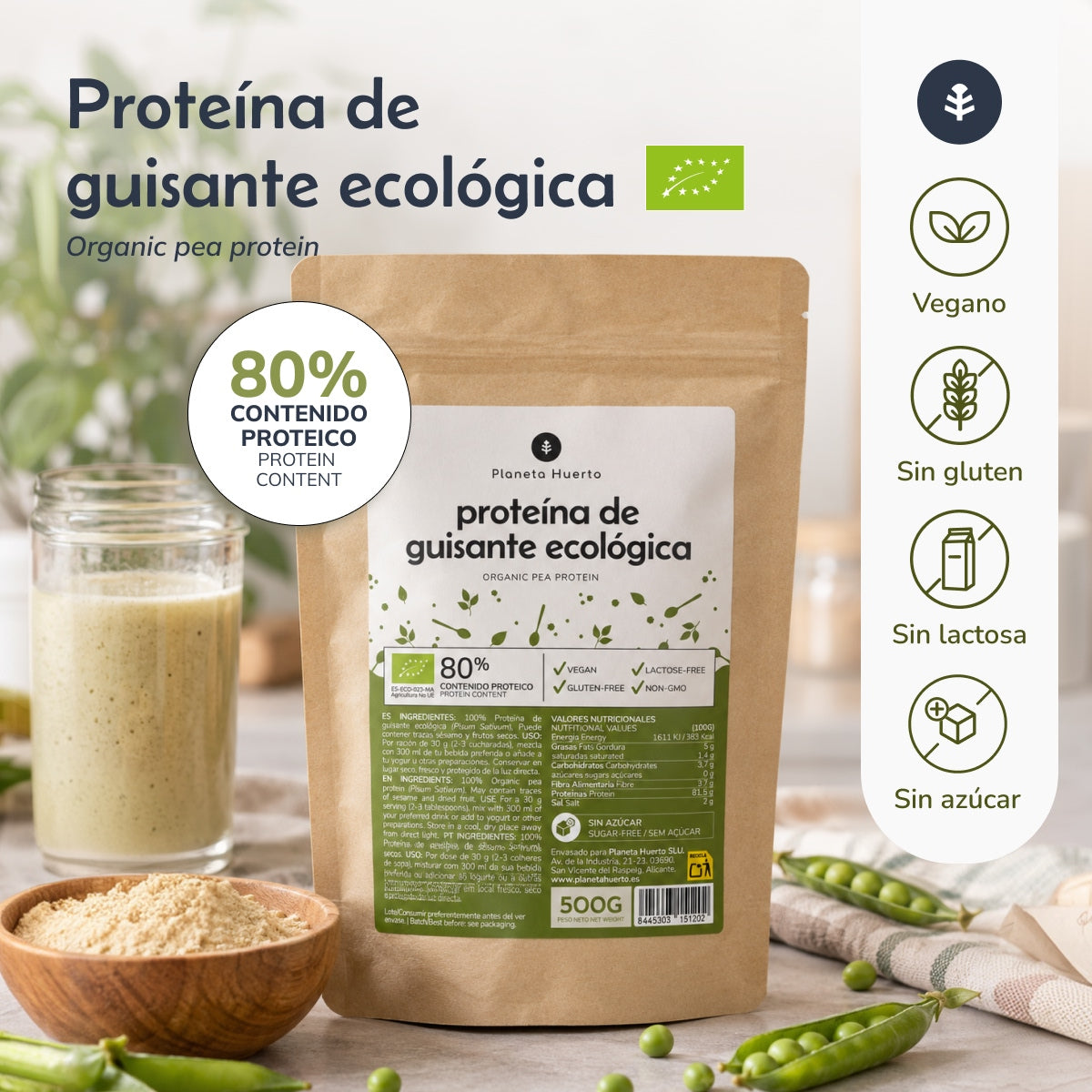 Proteína de Guisante 80% ECO Planeta Huerto 500 g