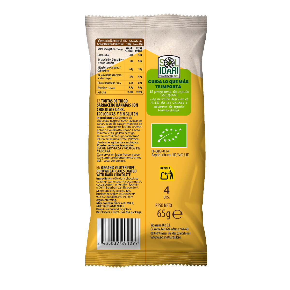 Tortitas de Trigo Sarraceno con Chocolate Negro BIO Sol Natural 65 g