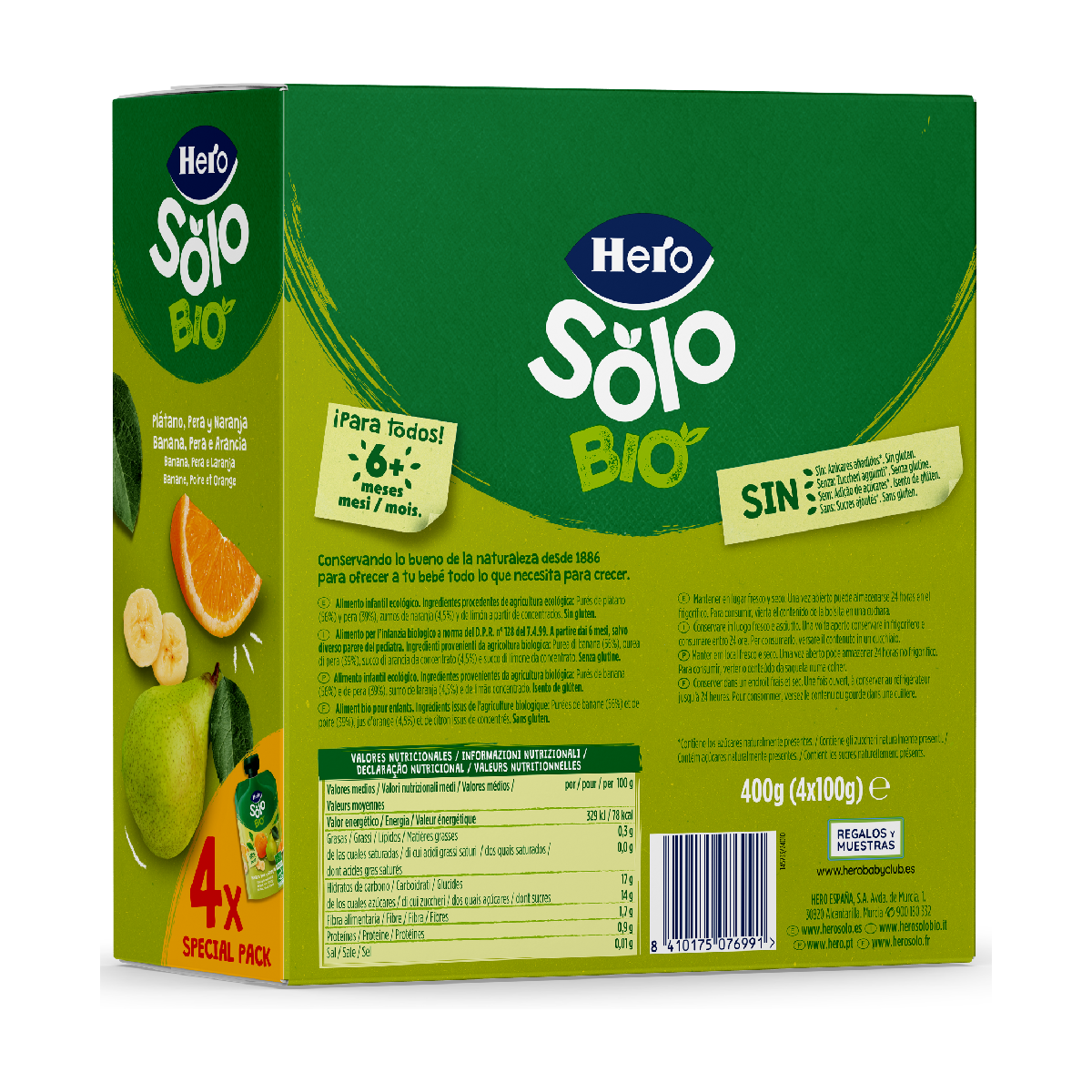 Bolsitas Puches Plátano, Pera y Naranja BIO Hero Solo 4 uds de 100 g