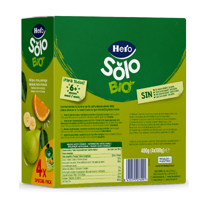 Bolsitas Puches Plátano, Pera y Naranja BIO Hero Solo 4 uds de 100 g