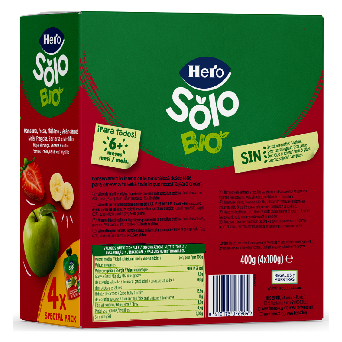 Bolsitas Puces Manzana, Fresa, Plátano y Arándanos ECO Hero Solo 4 uds 100 g