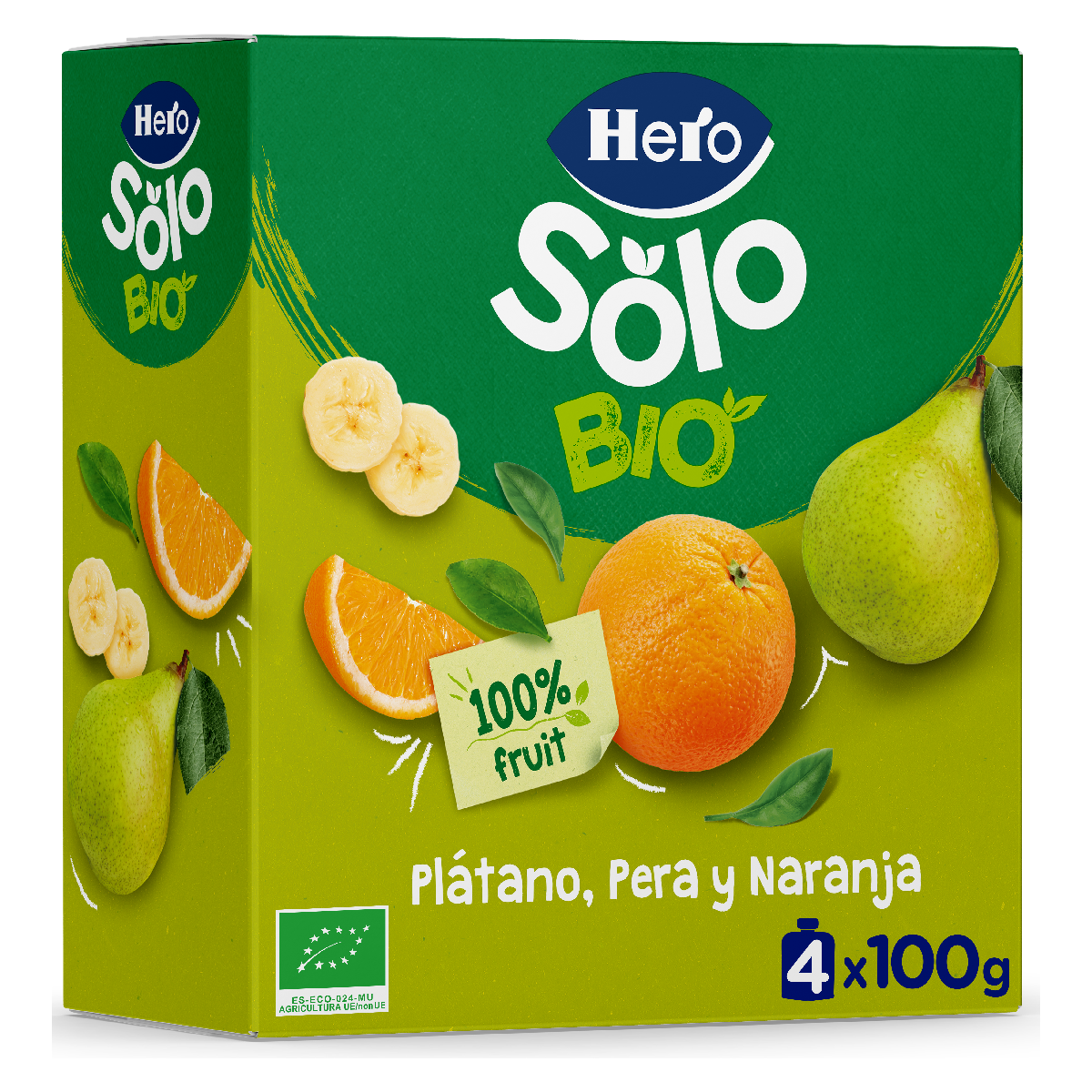 Bolsitas Puches Plátano, Pera y Naranja BIO Hero Solo 4 uds de 100 g
