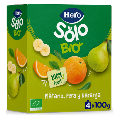 Bolsitas Puches Plátano, Pera y Naranja BIO Hero Solo 4 uds de 100 g
