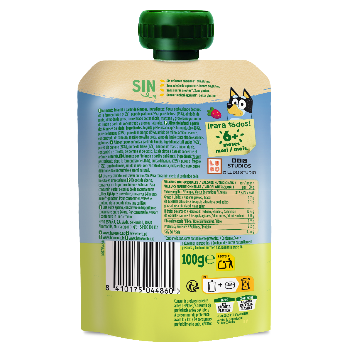 Bolsita Pouch Yogur, Plátano y Fresa Hero 100g