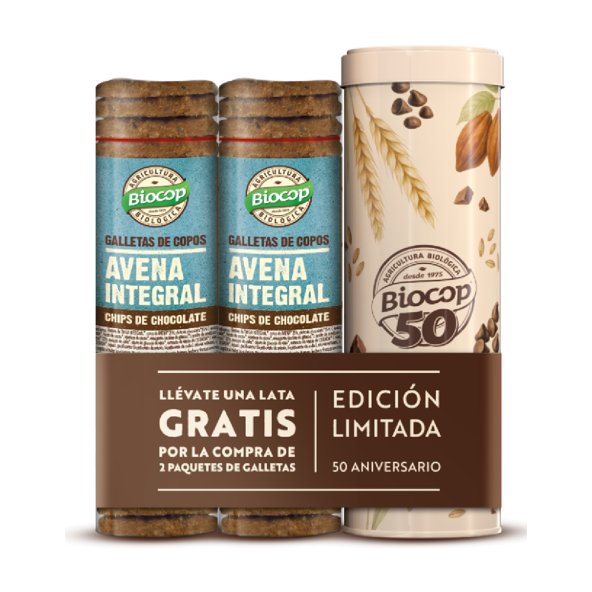 Pack Galletas Copos de Avena Integral con Chips de Choco BIO Biocop 2 uds 250 g + Lata GRATIS Biocop