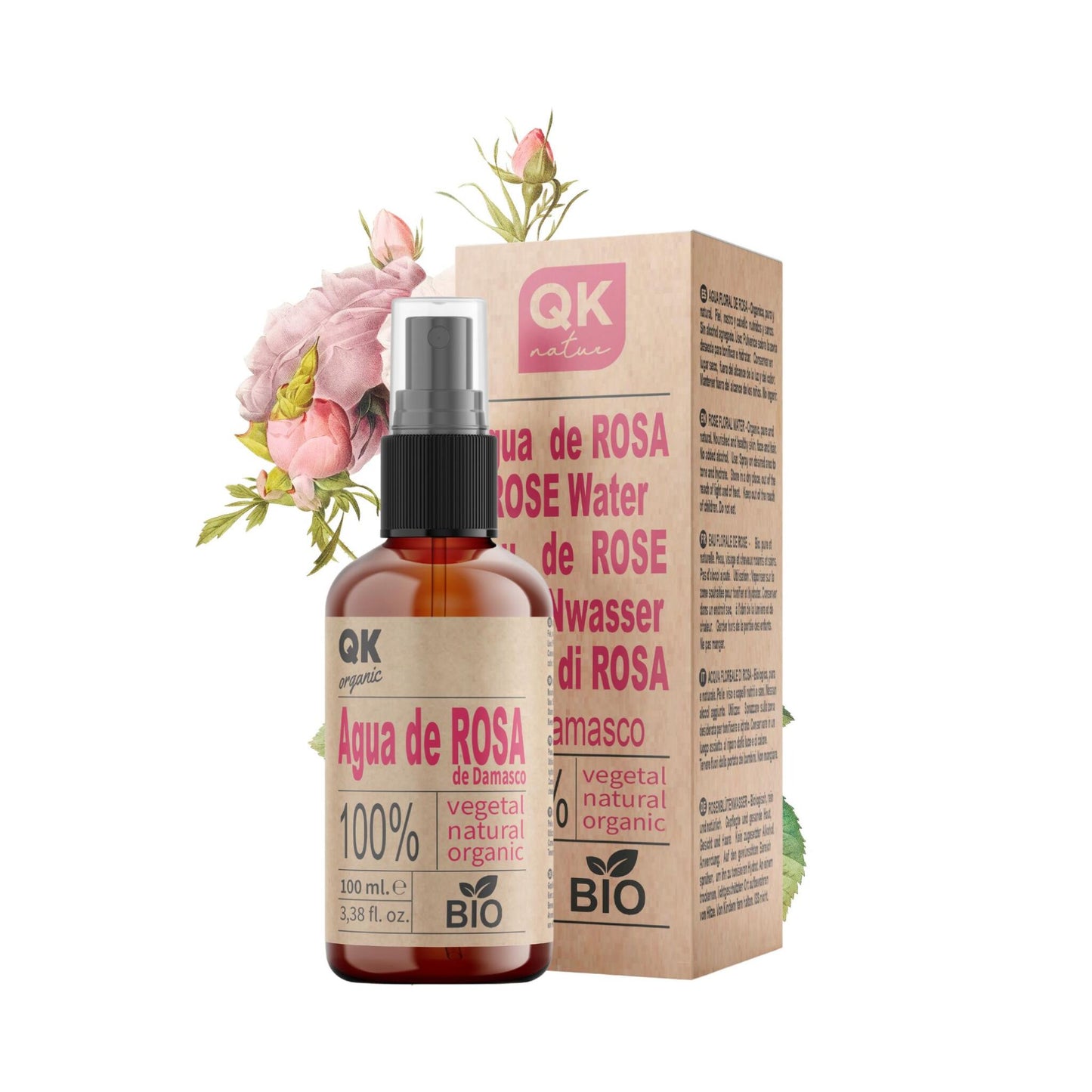 QKnatur - Agua De Rosas De Damasco 100ml - Tónico Facial- Rostro, Contorno De Ojos, Cuerpo, Cabello_0