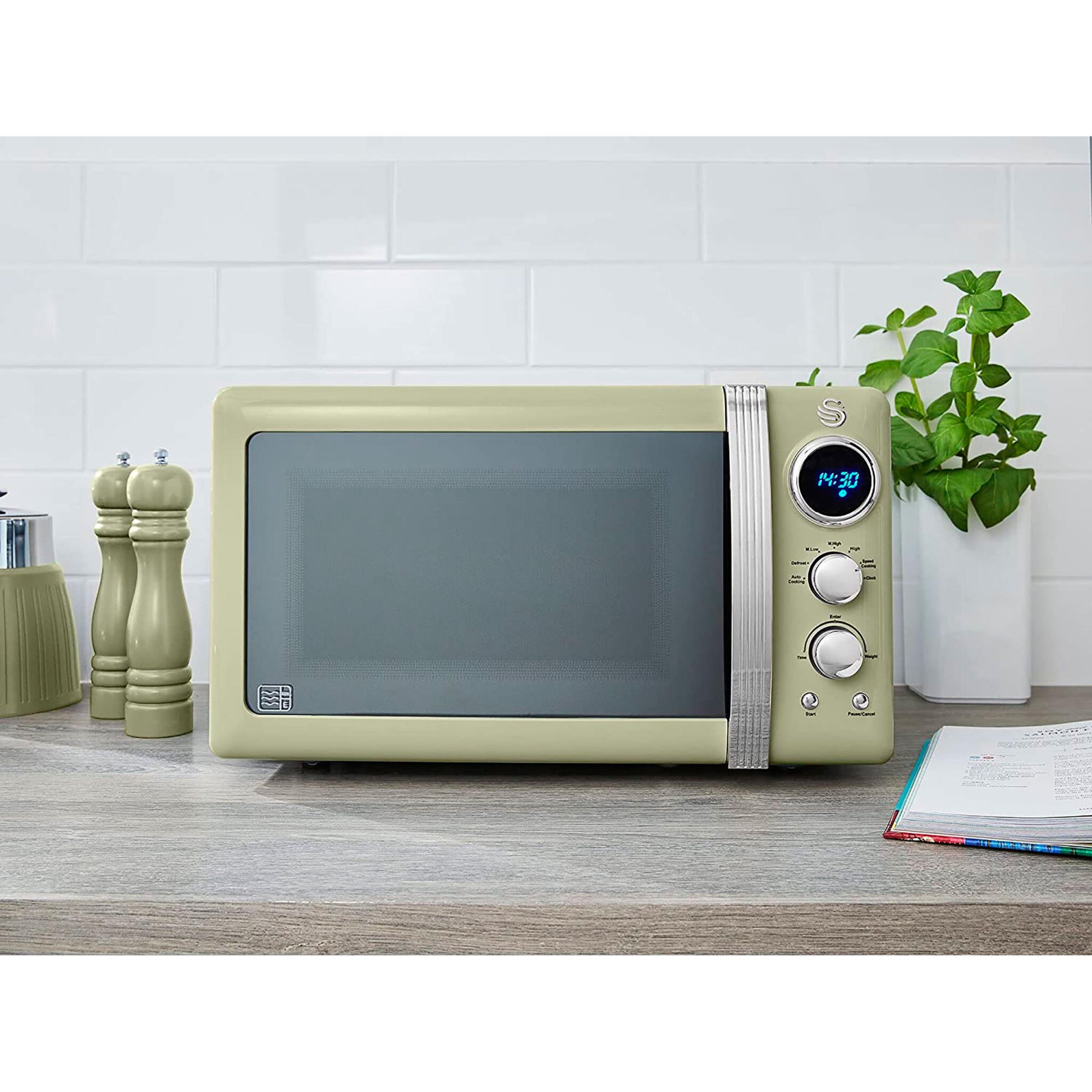 Swan Retro Microondas Digital 20l, 5 Niveles De Potencia, Función Descongelación Temporizador 60 Min, Sm22030gneu, Verde_1