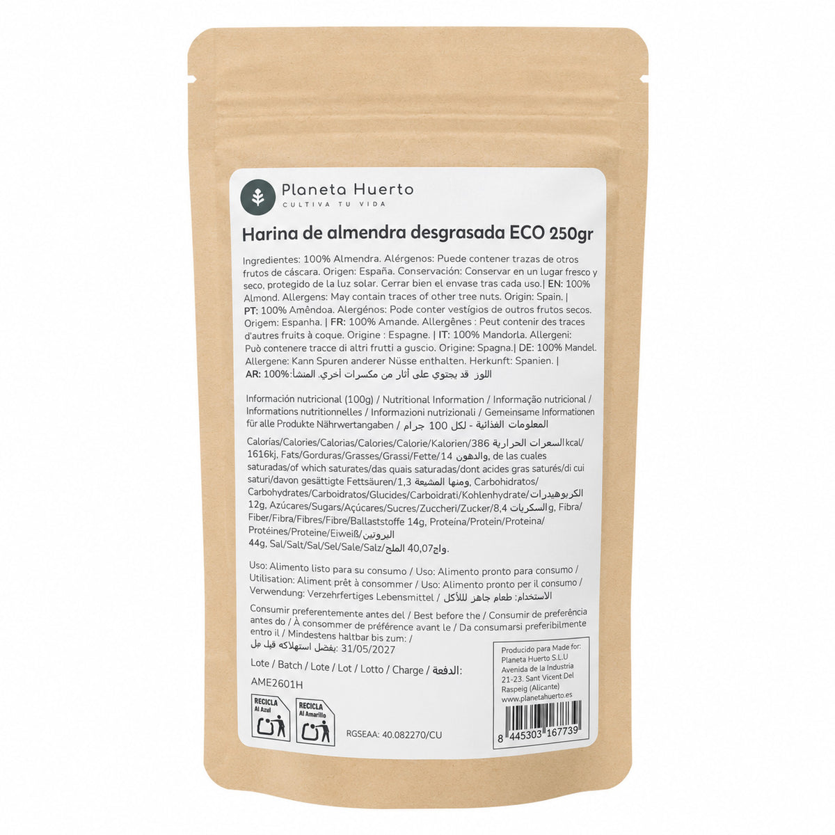 Harina desgrasada de almendra ECO Planeta Huerto 250 g