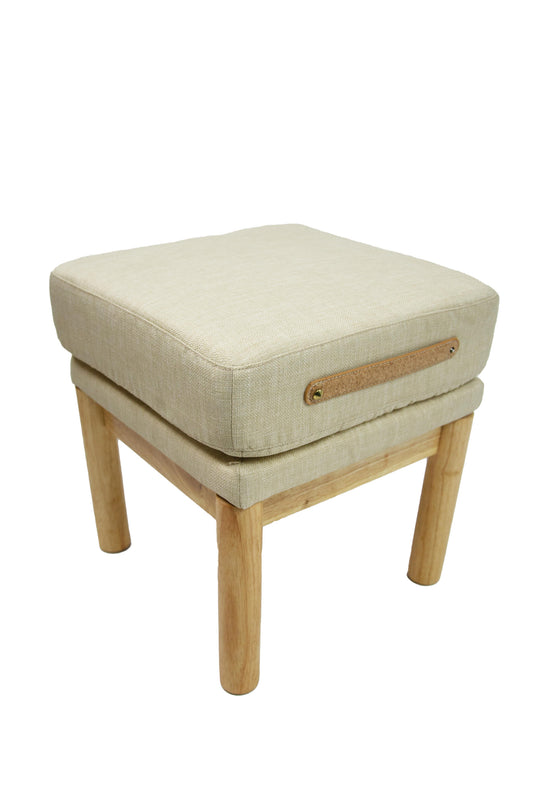 Taburete Tela Beige Escandinavo Roble Pata De Madera 35x35x40cm - Muebles De Sala_0