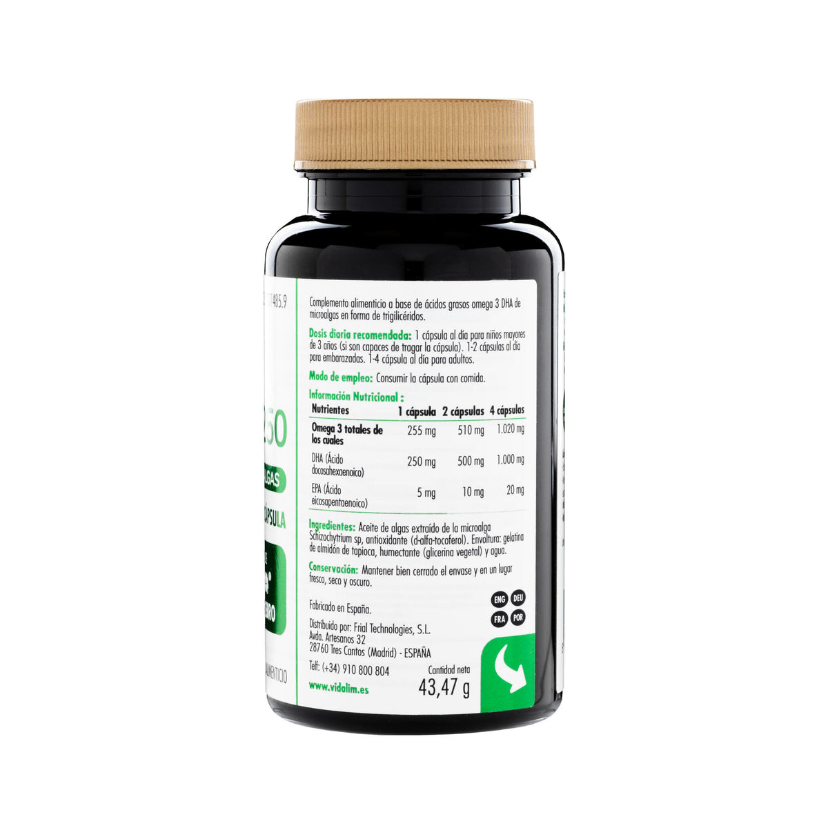 VIDALIM 250 VEGANO. Omega 3 Vegano de microalgas con 250 mg de DHA – 60 Cápsulas Vidalim_3