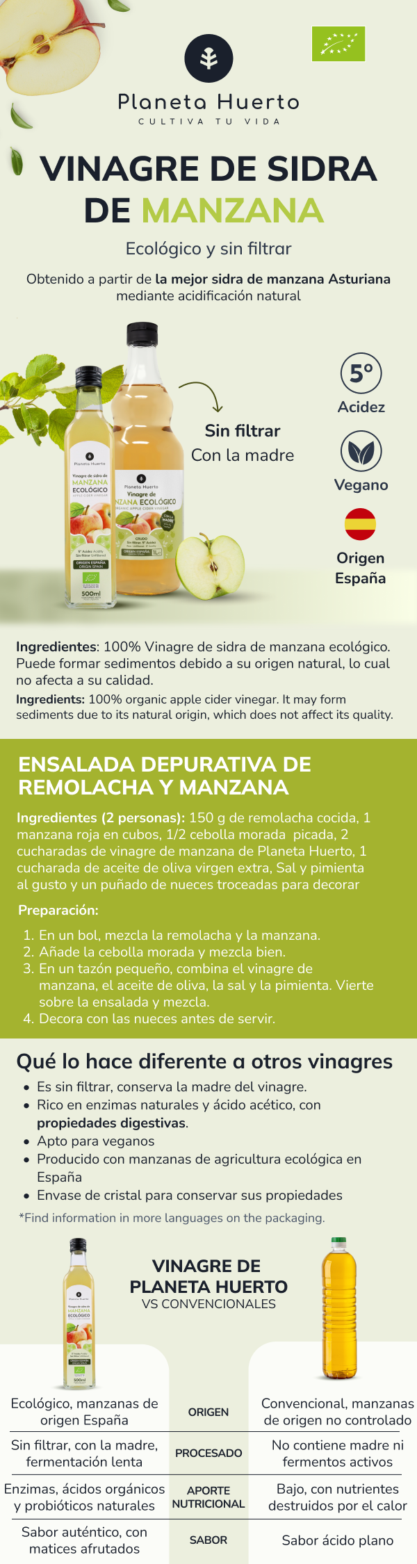 Vinagre de manzana ECO crudo sin filtrar con la madre Planeta Huerto 1L