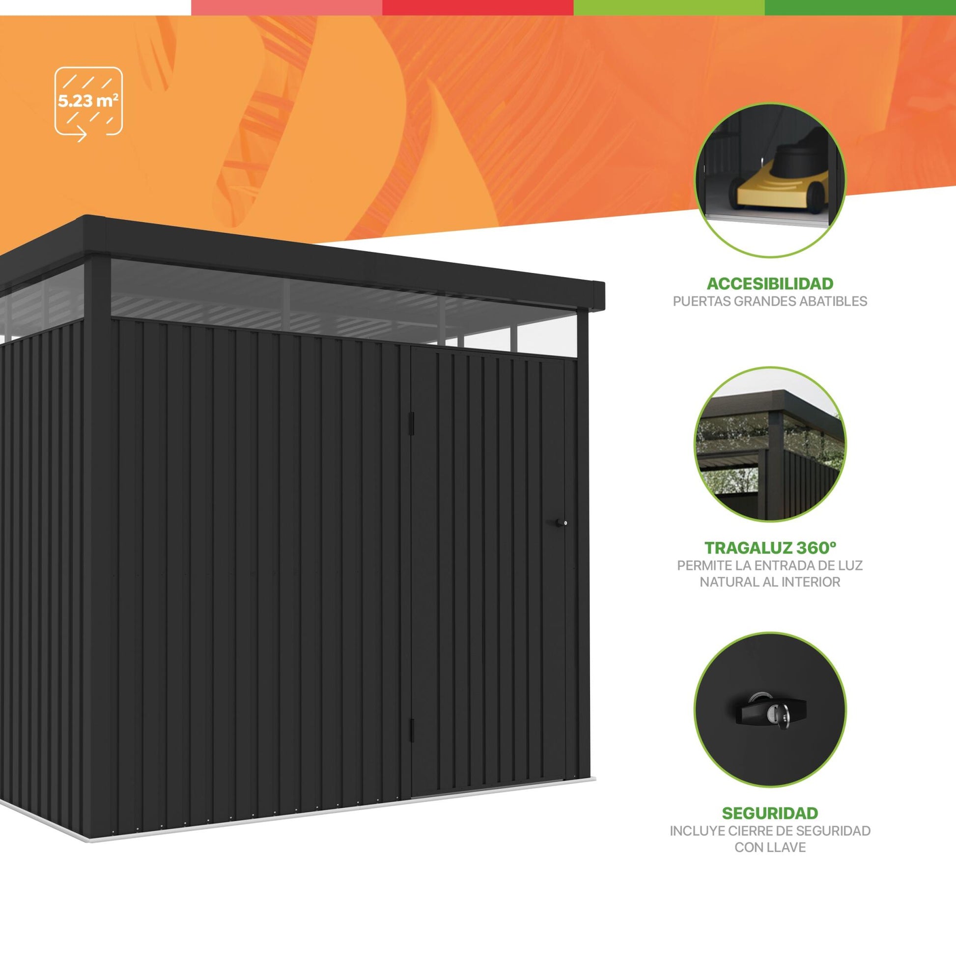 Wasabi – Caseta Jardín Exterior Metal 5,23m2 Ice – Grosor 0,40mm Robusto – Lámpara Incluida - Cierre Con Llave_2