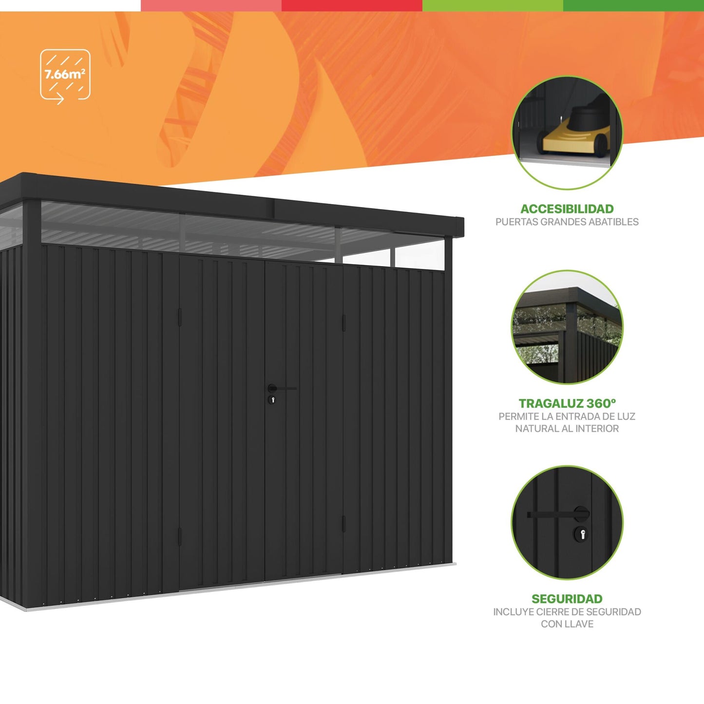 Wasabi – Caseta Jardín Exterior Metal 7,66m2 Quarz – Grosor 0,40mm Robusto – Lámpara Incluida - Cierre Con Llave_2