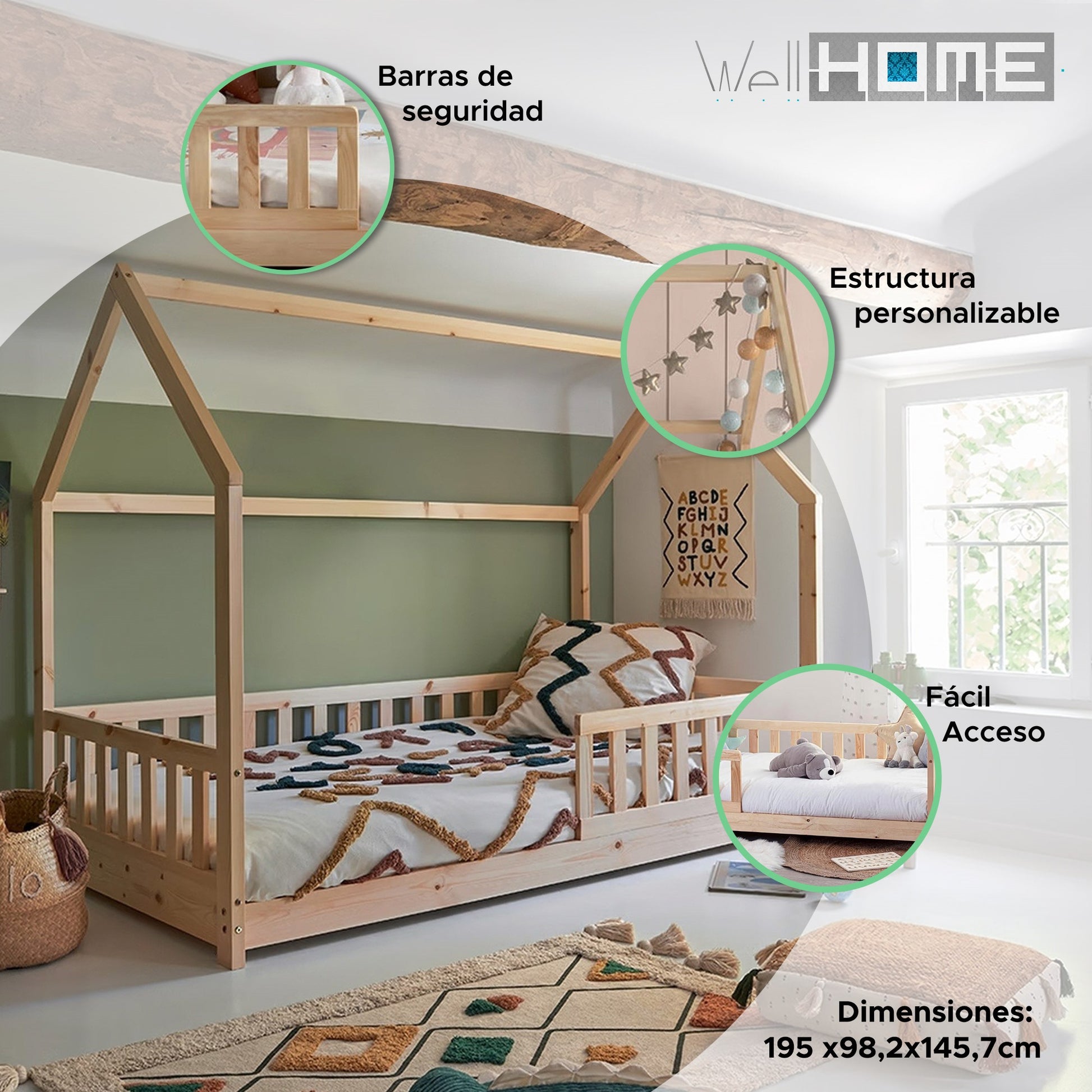 Well Home Cama Infantil 'bosco' Diseño Cabaña 90x190cm