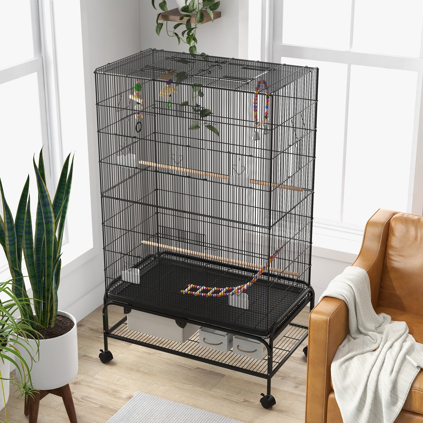 Pawhut Jaula Para Pájaros Con Ruedas Estante Y Comederos 97x58x160 Cm Negro_3