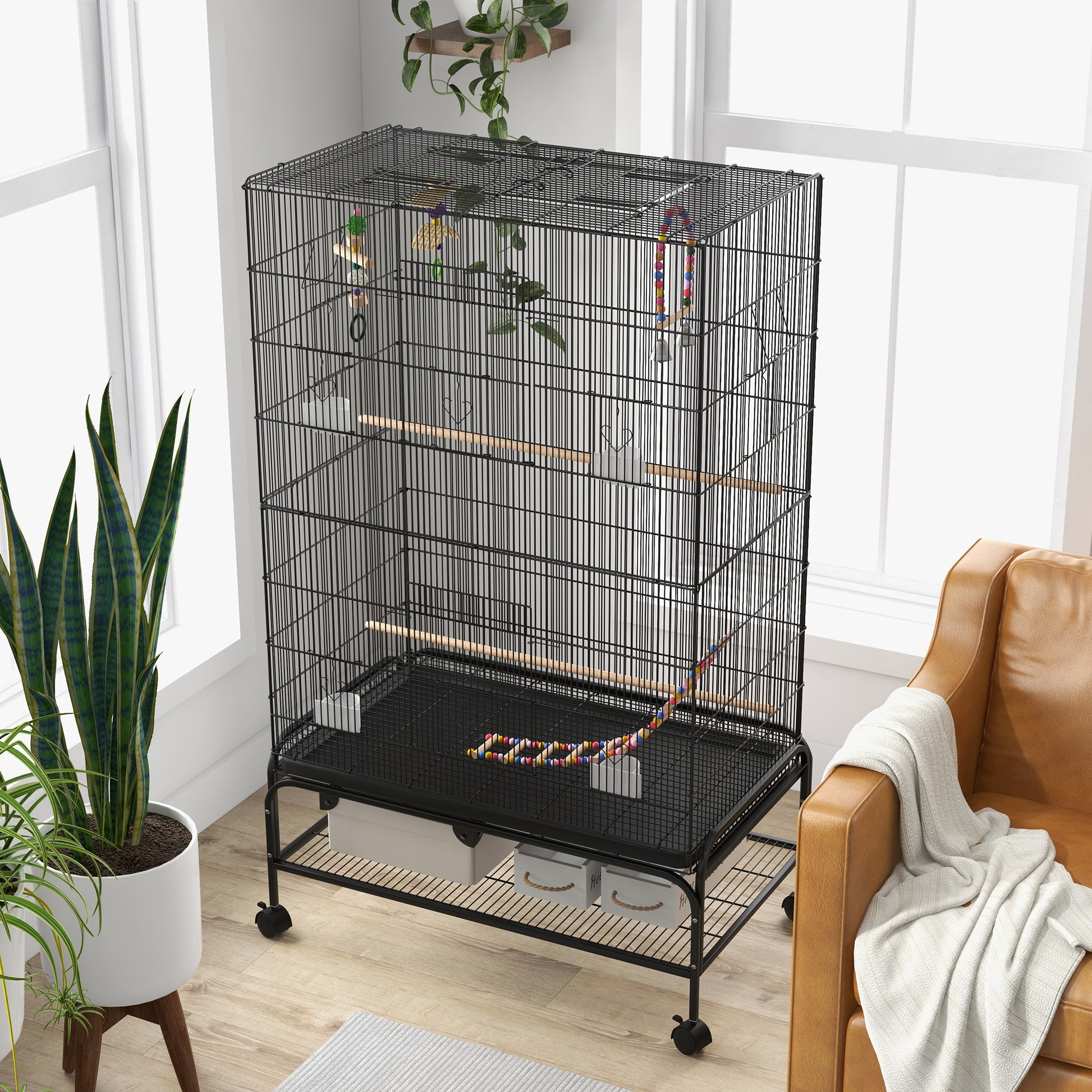 Pawhut Jaula Para Pájaros Con Ruedas Estante Y Comederos 97x58x160 Cm Negro_3