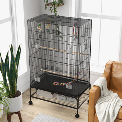 Pawhut Jaula Para Pájaros Con Ruedas Estante Y Comederos 97x58x160 Cm Negro_3