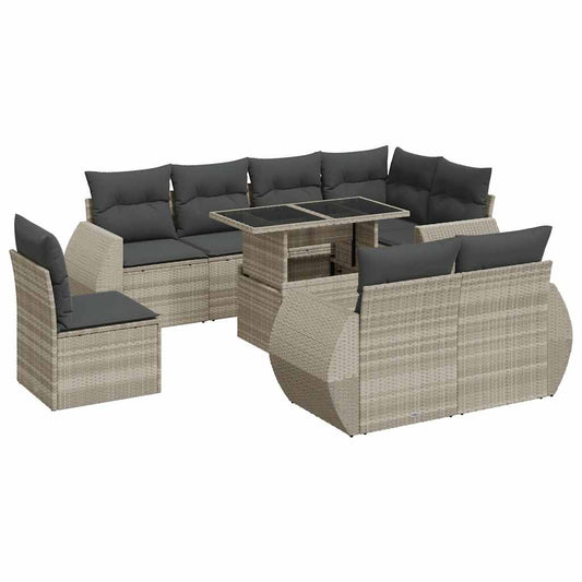 Set Muebles Jardín 9 Pzas Y Cojines Ratán Sintético Gris Claro / Vetonek_0