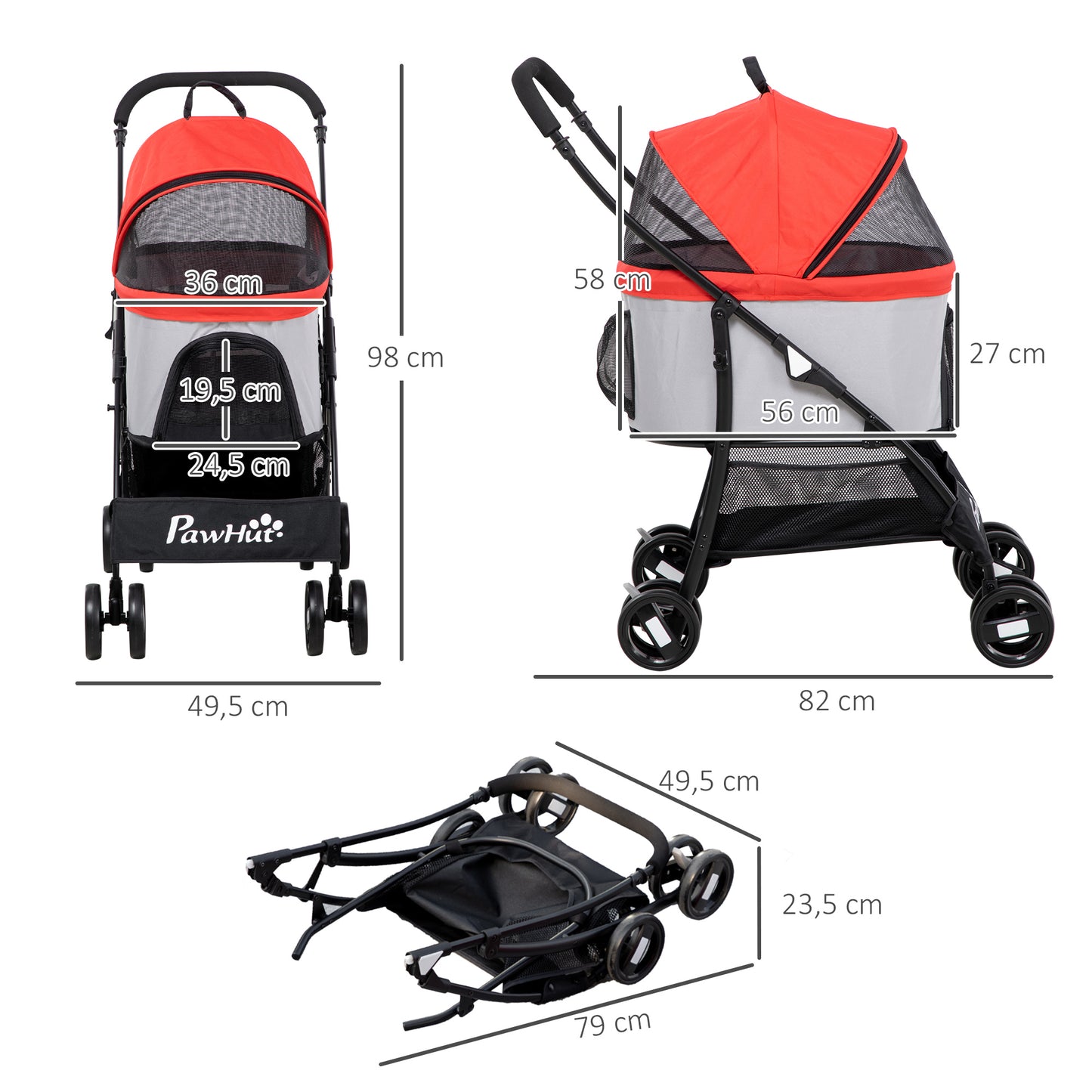 Pawhut Carrito Para Perros Plegable 3 En 1 Con Vagón Desmontable Rojo_2
