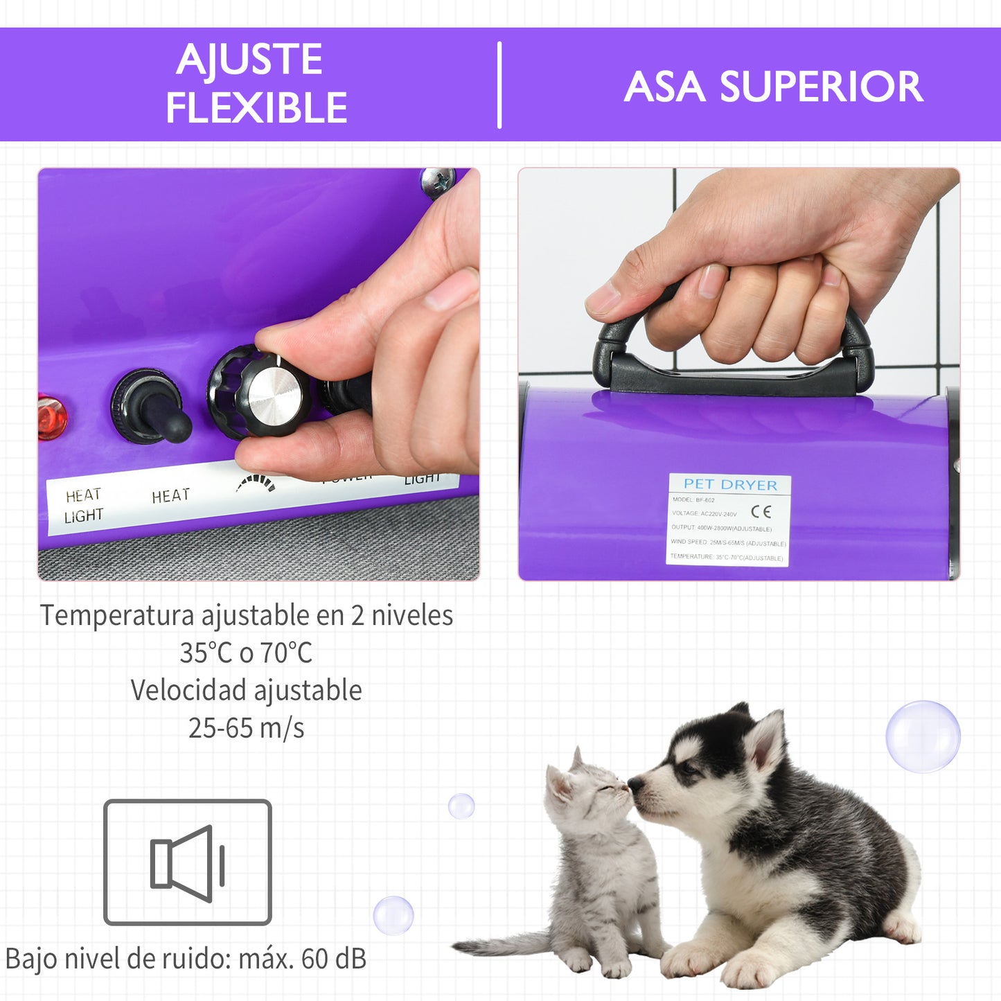 Pawhut Secador De Pelo Perros 2800w Temperatura Velocidad Del Viento Ajustable_3