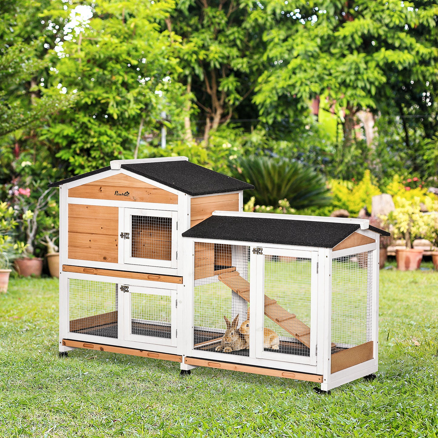 Pawhut Conejera De Madera 157,4x53x99,5 Cm Con Ruedas Techo Asfáltico Natural_1