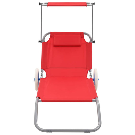 Tumbona Plegable Con Toldo Y Ruedas Acero Roja_0