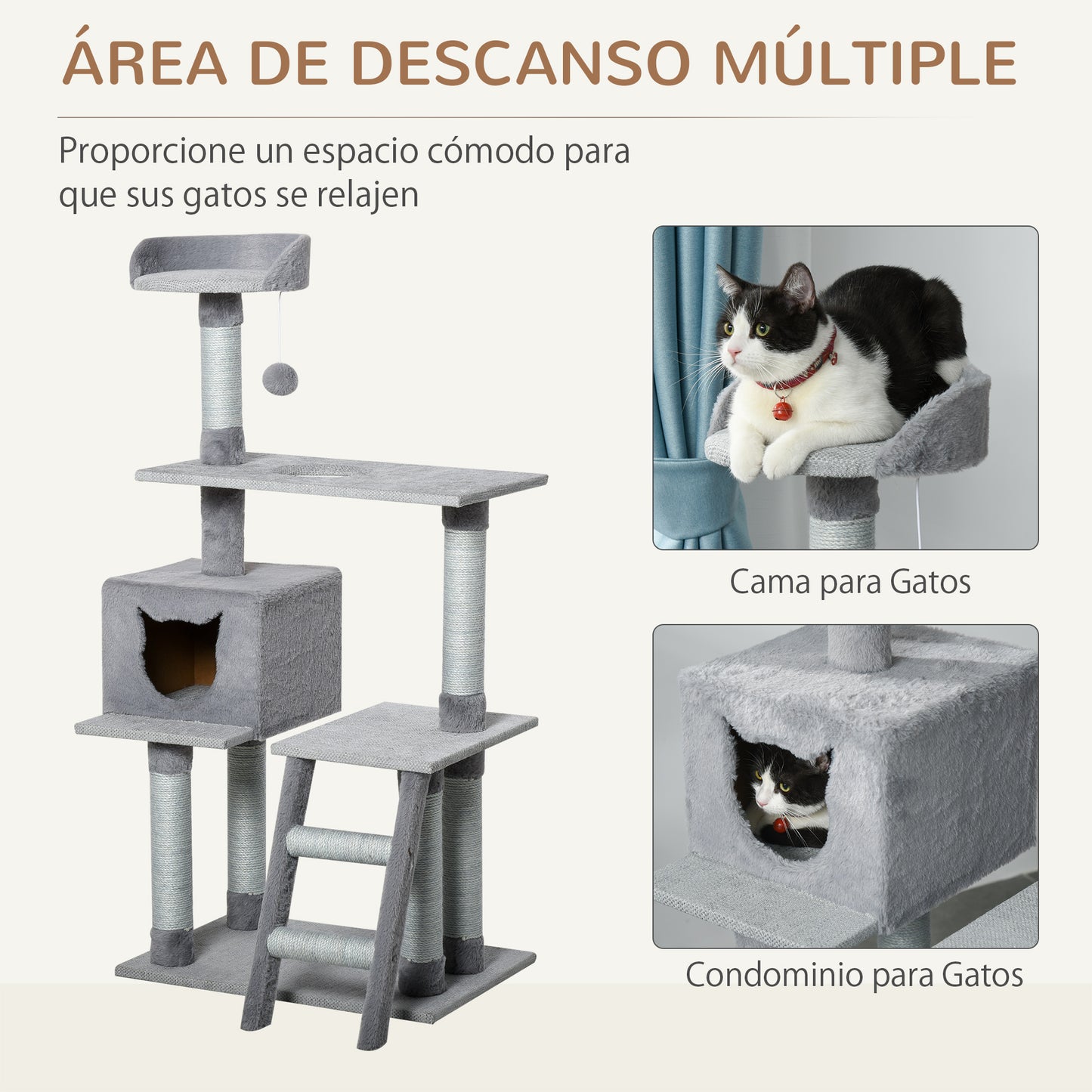 Pawhut Árbol Rascador Para Gatos Altura 124 Cm Con Plataformas Escalera Cueva Y_5
