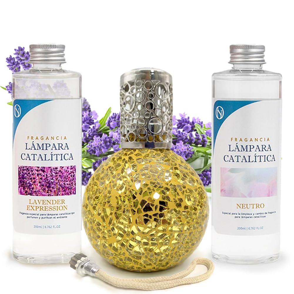 Pack Lámpara Catalítica Mosaico Dorado + Fragancia Lavender Expression 500ml + Limpiador Neutro 200ml + Mecha Repuesto_0