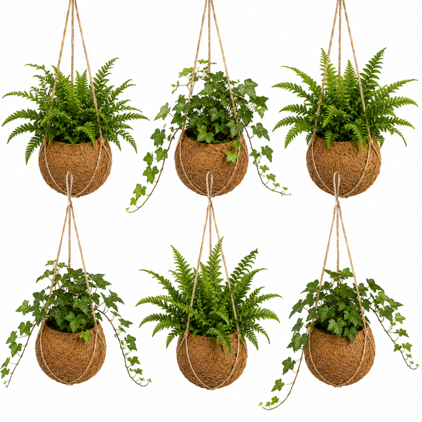 Plantas Colgantes De Coco - 6 Uds - Mix Hedera Y Helecho - Ø12 Cm_0
