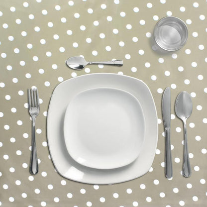 Mantel Hule Rectangular Topos Beige. Impermeable Antimanchas Pvc 140 Cm. X 20 Metros. Rollo Recortable. Interior Y Exterior