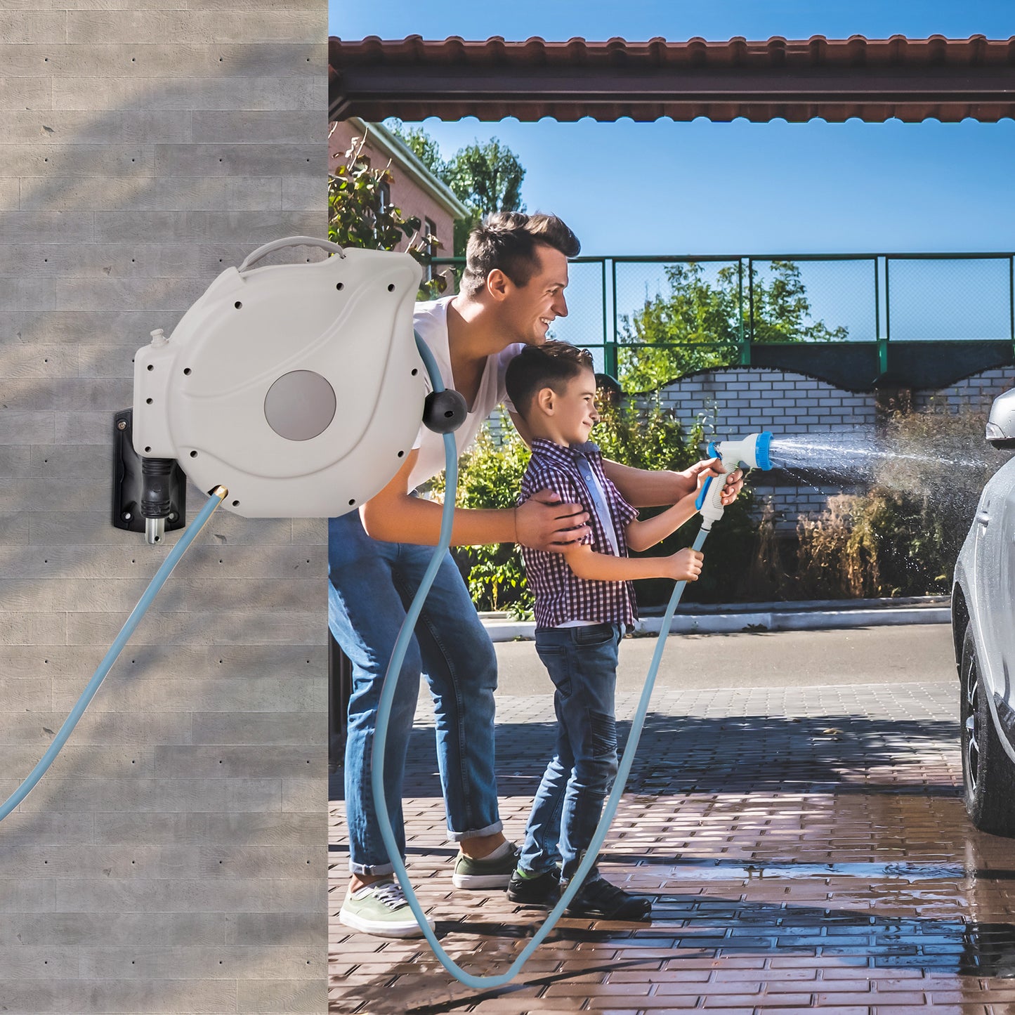 Outsunny Carrete De Manguera De Pared 15,1m+1,5m Enrollador Automático Giratorio_1
