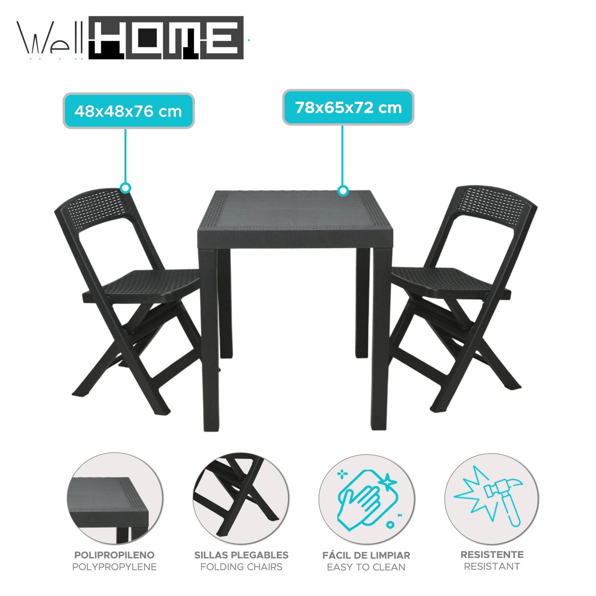 Well Home - Set De Jardín 'poker' Mesa Y 2 Sillas Color Antracita_1